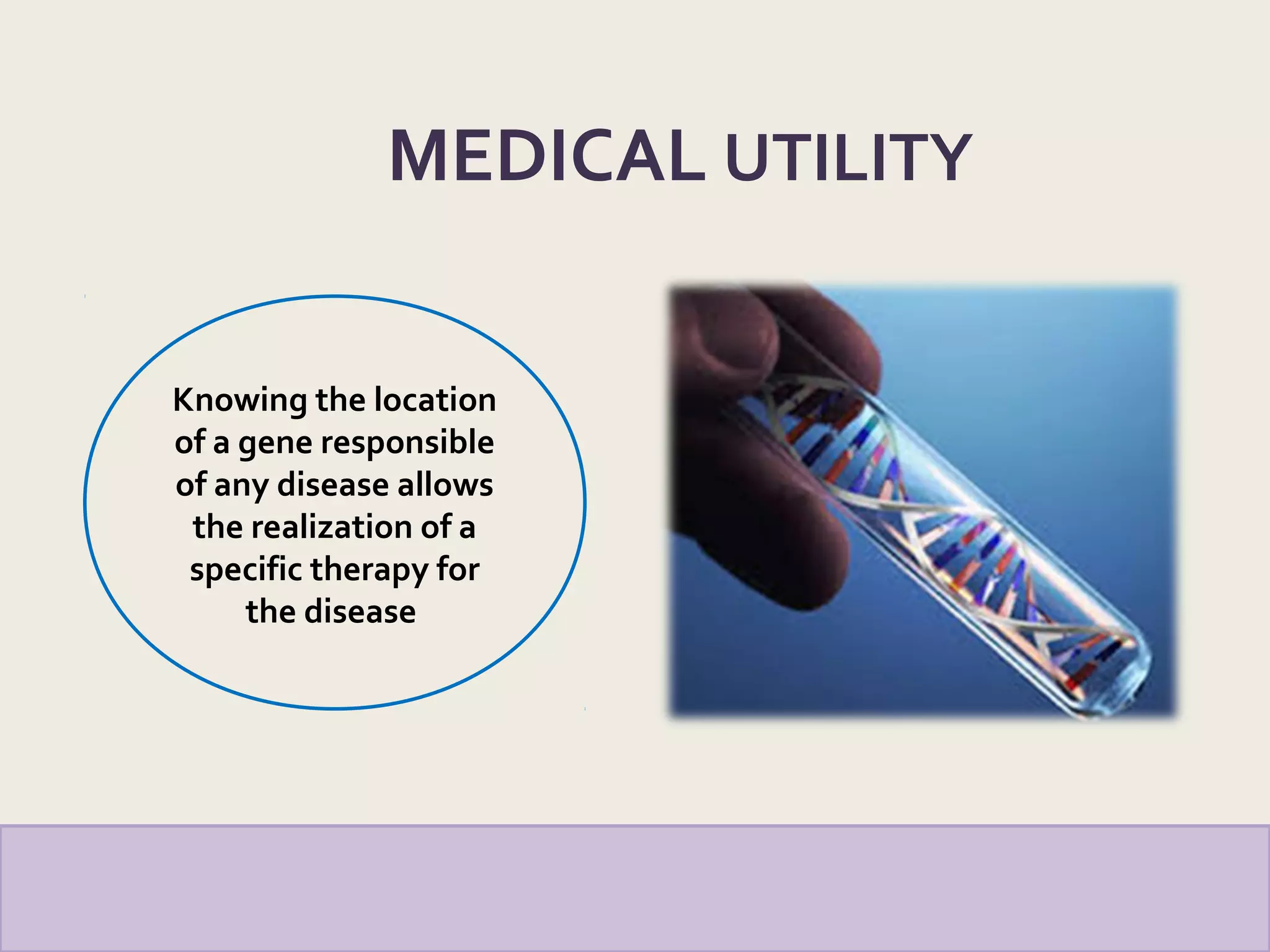 Knowing the location
of a gene responsible
of any disease allows
the realization of a
specific therapy for
the disease
MEDICAL UTILITY
 