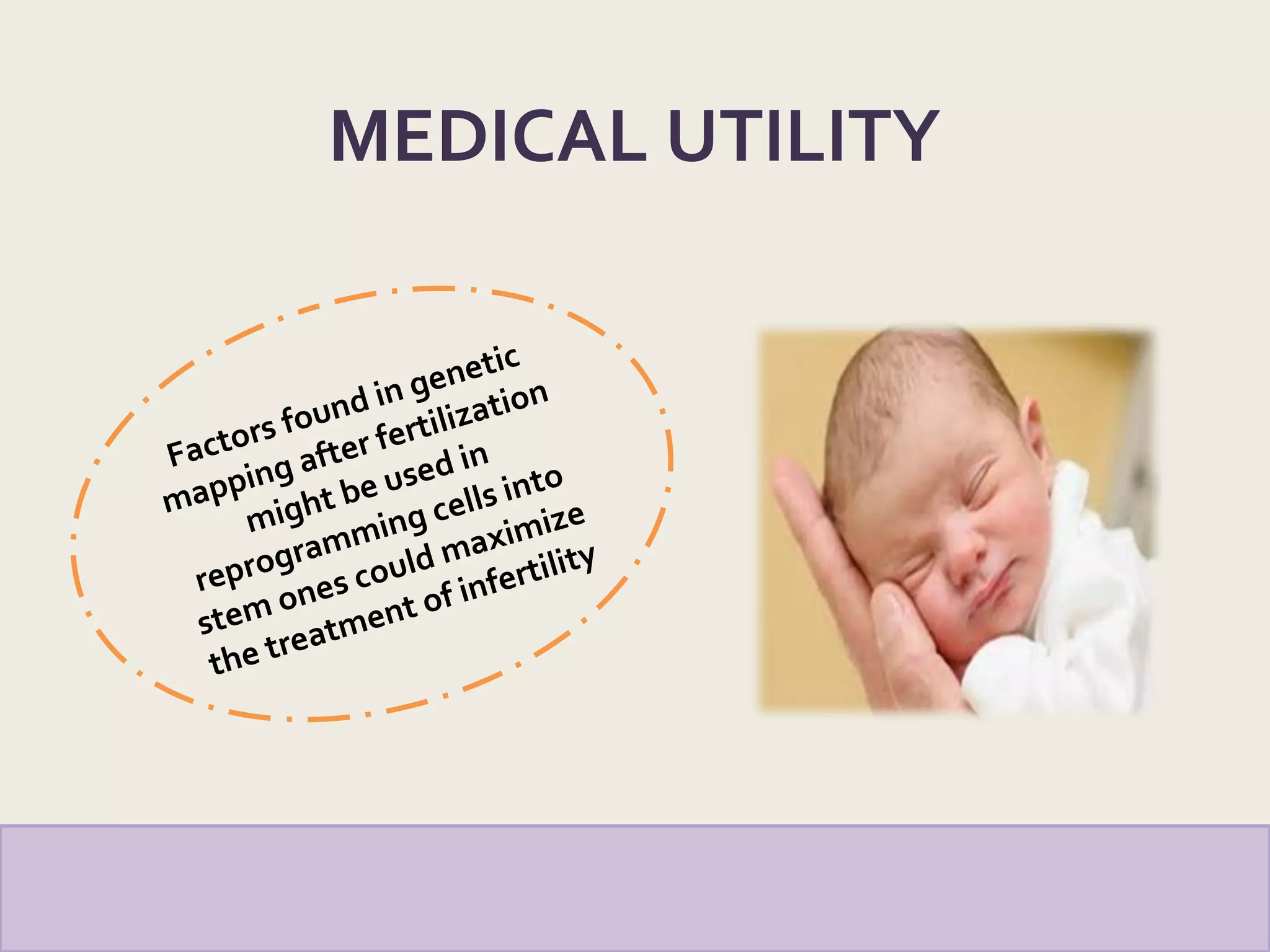 MEDICAL UTILITY
Factors found in genetic
mapping after fertilization
might be used in
reprogramming cells into
stem ones could maximize
the treatment of infertility
 