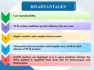 1
• Low reproducibility
2
• PCR cycling conditions greatly influence the out come
3
• Highly sensitive and complicated procedure
4
• Mismatches between primer and template may result in total
absence of PCR product
5
• RAPD markers are dominant so it is cause problems whether the
DNA segment is amplified from locus that are heterozygous and
homozygous.
 