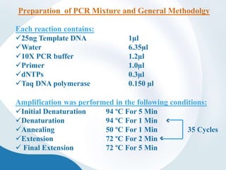 Each reaction contains:
25ng Template DNA 1µl
Water 6.35µl
10X PCR buffer 1.2µl
Primer 1.0µl
dNTPs 0.3µl
Taq DNA polymerase 0.150 µl
Amplification was performed in the following conditions:
Initial Denaturation 94 ºC For 5 Min
Denaturation 94 ºC For 1 Min
Annealing 50 ºC For 1 Min 35 Cycles
Extension 72 ºC For 2 Min
 Final Extension 72 ºC For 5 Min
Preparation of PCR Mixture and General Methodolgy
 