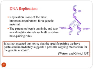 DNA Replication:
 Replication is one of the most
important requirement for a genetic
material.
 The parent molecule unwinds, and two
new daughter strands are built based on
base-pairing rules.
It has not escaped our notice that the specific pairing we have
postulated immediately suggests a possible copying mechanism for
the genetic material’.
(Watson and Crick,1953)
26
 