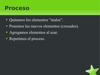 Proceso Quitamos los elementos ”malos”. Ponemos los nuevos elementos (cruzados). Agregamos elementos al azar. Repetimos el proceso. 