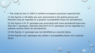 • The study by loos in 2003 in northern european caucasians reported that
(1) the fcgriiia-v158 allele was over represented in the patient group and
therefore may be regarded as a putative susceptibility factor for periodontitis.
(2) the fcgriia-h/h131 genotype was associated with more periodontal bone loss
than the r1 genotype, indicative that the h/h131 genotype can be regarded as a
putative severity factor for periodontitis.
(3) the fcgriiia-v1 genotype was not identified as a severity factor.
(4) the fcgriiib-na21 genotype was neither a susceptibility factor nor a severity
factor.
 