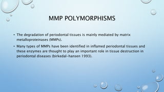 MMP POLYMORPHISMS
• The degradation of periodontal tissues is mainly mediated by matrix
metalloproteinases (MMPs).
• Many types of MMPs have been identified in inflamed periodontal tissues and
these enzymes are thought to play an important role in tissue destruction in
periodontal diseases (birkedal-hansen 1993).
 