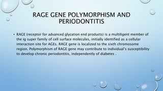 RAGE GENE POLYMORPHISM AND
PERIODONTITIS
• RAGE (receptor for advanced glycation end products) is a multiligent member of
the ig super family of cell surface molecules, initially identified as a cellular
interaction site for AGEs. RAGE gene is localized to the sixth chromosome
region. Polymorphism of RAGE gene may contribute to individual’s susceptibility
to develop chronic periodontitis, independently of diabetes .
 