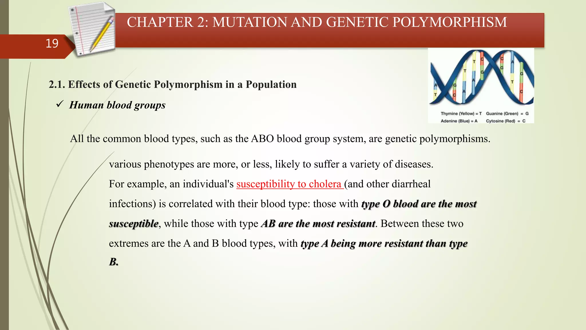 19
CHAPTER 2: MUTATION AND GENETIC POLYMORPHISM
2.1. Effects of Genetic Polymorphism in a Population
 Human blood groups
All the common blood types, such as the ABO blood group system, are genetic polymorphisms.
various phenotypes are more, or less, likely to suffer a variety of diseases.
For example, an individual's susceptibility to cholera (and other diarrheal
infections) is correlated with their blood type: those with type O blood are the most
susceptible, while those with type AB are the most resistant. Between these two
extremes are the A and B blood types, with type A being more resistant than type
B.
 