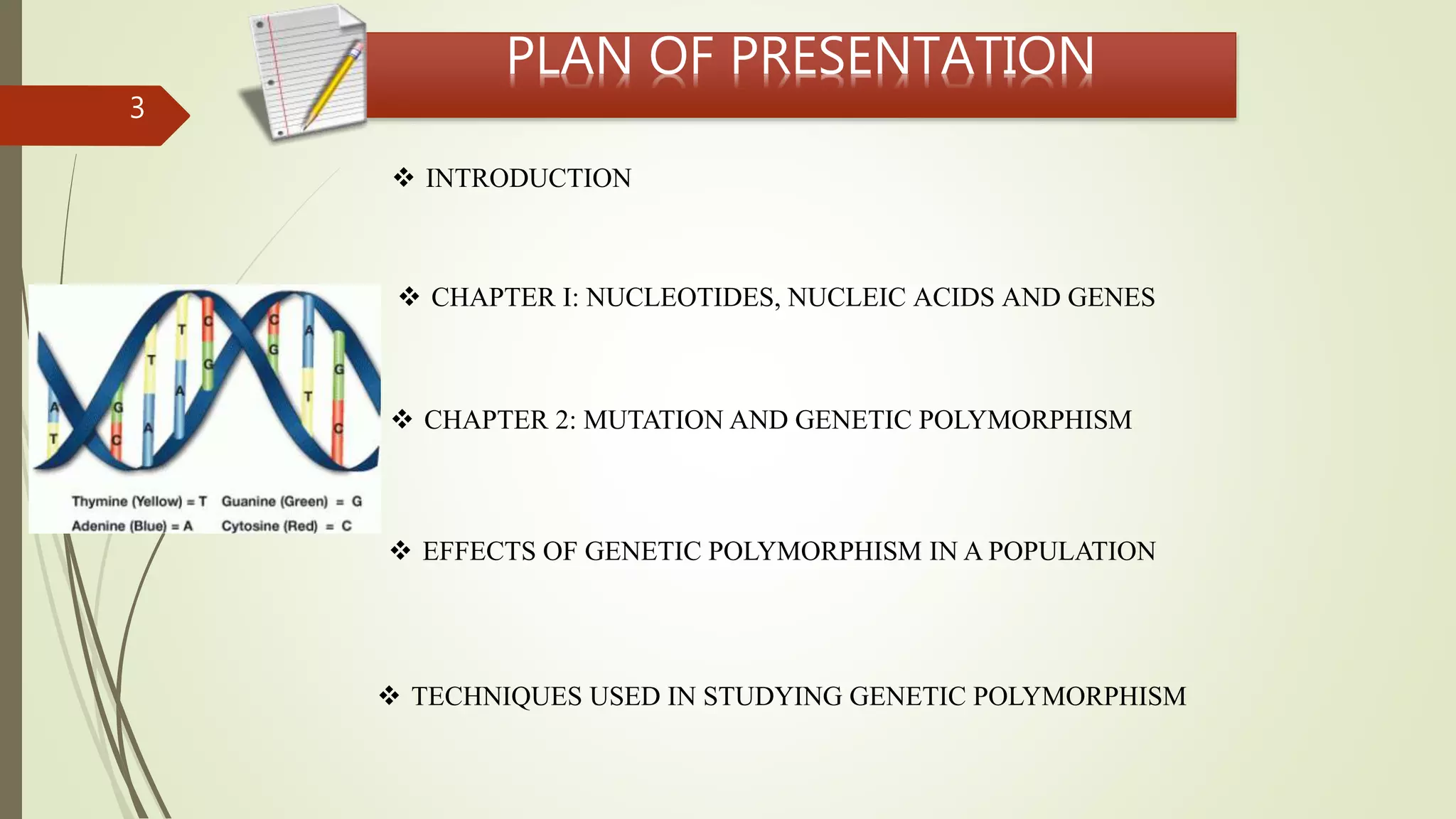 3
 CHAPTER I: NUCLEOTIDES, NUCLEIC ACIDS AND GENES
 INTRODUCTION
 CHAPTER 2: MUTATION AND GENETIC POLYMORPHISM
 TECHNIQUES USED IN STUDYING GENETIC POLYMORPHISM
 EFFECTS OF GENETIC POLYMORPHISM IN A POPULATION
PLAN OF PRESENTATION
 