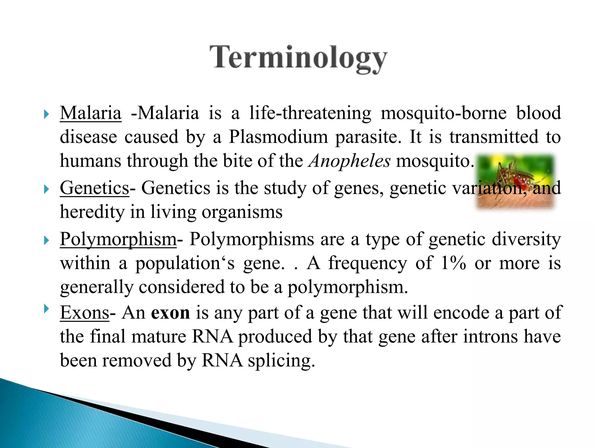  Malaria -Malaria is a life-threatening mosquito-borne blood
disease caused by a Plasmodium parasite. It is transmitted to
humans through the bite of the Anopheles mosquito.
 Genetics- Genetics is the study of genes, genetic variation, and
heredity in living organisms
 Polymorphism- Polymorphisms are a type of genetic diversity
within a population‘s gene. . A frequency of 1% or more is
generally considered to be a polymorphism.
 Exons- An exon is any part of a gene that will encode a part of
the final mature RNA produced by that gene after introns have
been removed by RNA splicing.
 