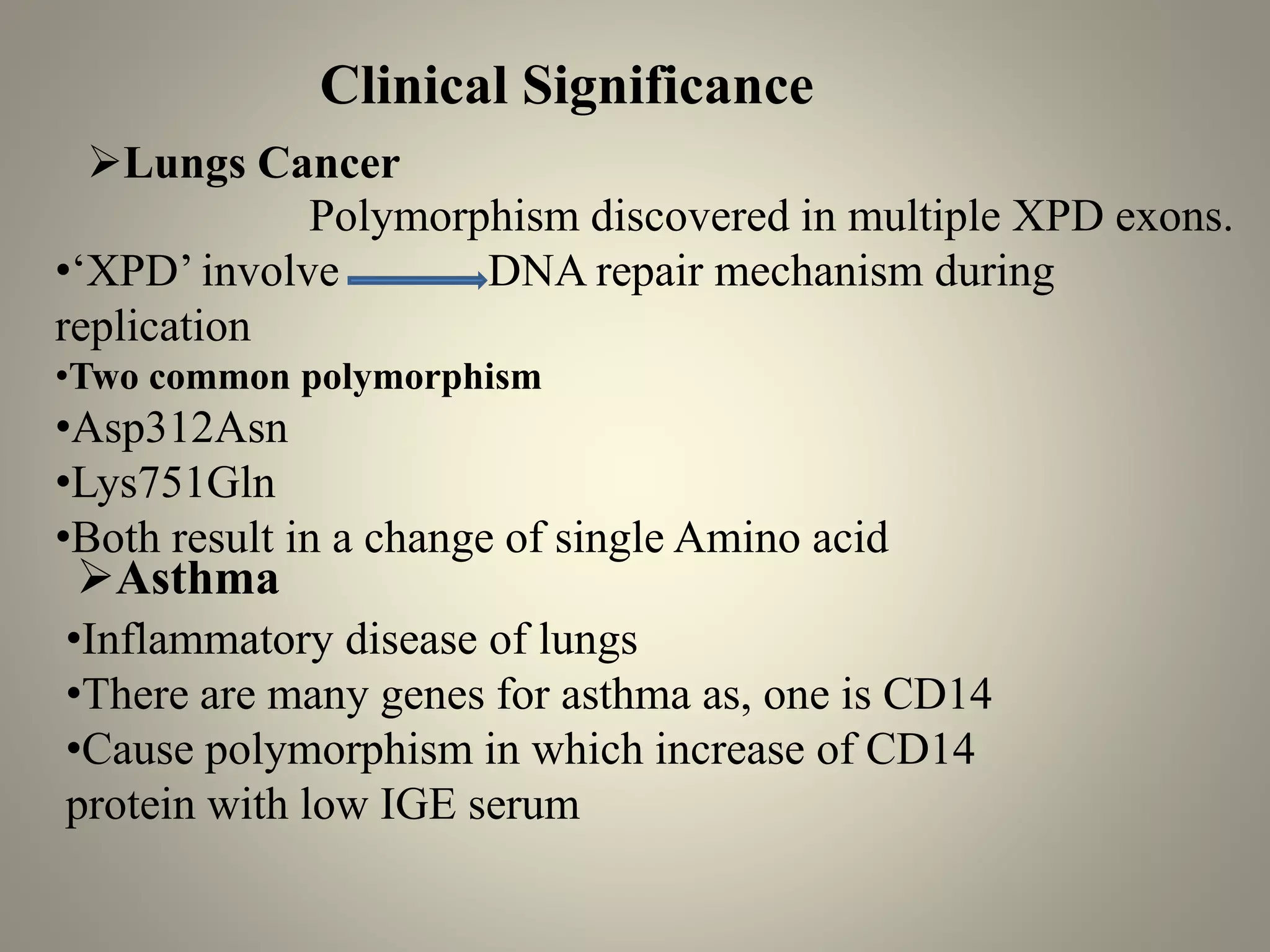 Clinical Significance
➢Lungs Cancer
Polymorphism discovered in multiple XPD exons.
•‘XPD’ involve DNA repair mechanism during
replication
•Two common polymorphism
•Asp312Asn
•Lys751Gln
•Both result in a change of single Amino acid
➢Asthma
•Inflammatory disease of lungs
•There are many genes for asthma as, one is CD14
•Cause polymorphism in which increase of CD14
protein with low IGE serum
 