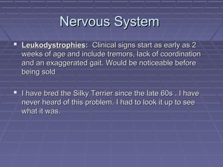 Nervous System
 Leukodystrophies: Clinical signs start as early as 2
  weeks of age and include tremors, lack of coordination
  and an exaggerated gait. Would be noticeable before
  being sold

 I have bred the Silky Terrier since the late 60s . I have
  never heard of this problem. I had to look it up to see
  what it was.
 