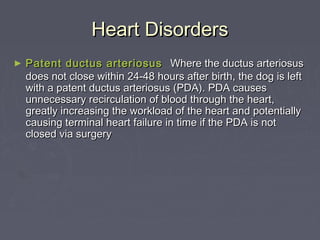 Heart Disorders
►   Patent ductus arteriosus Where the ductus arteriosus
    does not close within 24-48 hours after birth...