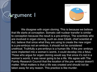 Argument 1 We disagree with organ cloning. This is because we believe that life starts at conception. Somatic cell nuclear transfer is similar to conception because the result is a pre-embryo. The scientists who are involved in organ cloning, such as Jose Cibelli, chief scientist at Act, believe that since what they are using to create the new organ is a pre-embryo not an embryo, it should not be considered unethical. Truthfully a pre-embryo is a human life. If the pre- embryo were implanted into a woman’s womb, it could develop into a fetus. Those who argue for organ cloning would say that since it’s not in a woman’s womb, it was never going to be a life. We agree with The Family Research Council that the location of the pre- embryo doesn't matter. What matters is that a life was created and should not be taken away for any reason. This practice is like murder. 