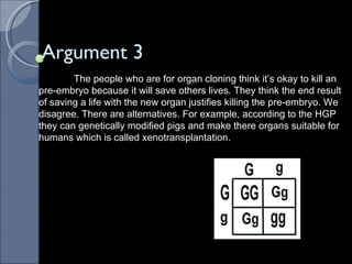 Argument 3 The people who are for organ cloning think it’s okay to kill an pre-embryo because it will save others lives. They think the end result of saving a life with the new organ justifies killing the pre-embryo. We disagree. There are alternatives. For example, according to the HGP they can genetically modified pigs and make there organs suitable for humans which is called xenotransplantation.  