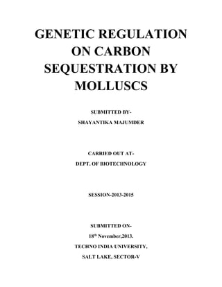 GENETIC REGULATION
ON CARBON
SEQUESTRATION BY
MOLLUSCS
SUBMITTED BY-
SHAYANTIKA MAJUMDER
CARRIED OUT AT-
DEPT. OF BIOTECHNOLOGY
SESSION-2013-2015
SUBMITTED ON-
18th
November,2013.
TECHNO INDIA UNIVERSITY,
SALT LAKE, SECTOR-V
 