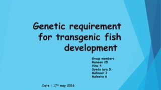 Genetic requirement
for transgenic fish
development
Group members
Rameen 25
Hina 4
Syeda iqra 5
Mahnoor 2
Maleeha 6
Date : 17th
may 2016
 