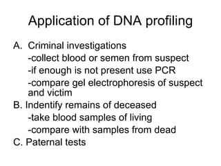 Application of DNA profiling Criminal investigations -collect blood or semen from suspect -if enough is not present use PCR -compare gel electrophoresis of suspect and victim B. Indentify remains of deceased -take blood samples of living -compare with samples from dead C. Paternal tests 