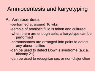 Amniocentesis and karyotyping Amniocentesis -performed at around 16 wks -sample of amniotic fluid is taken and cultured -when there are enough cells, a karyotype can be performed -chromosomes are arranged into pairs to detect any abnormalities -can be used to detect Down’s syndrome (a.k.a. trisomy 21)  -can be used to recognize sex or non-disjunction 
