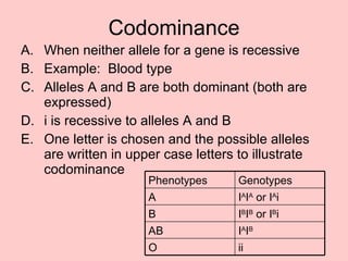 Codominance When neither allele for a gene is recessive Example:  Blood type Alleles A and B are both dominant (both are expressed) i is recessive to alleles A and B One letter is chosen and the possible alleles are written in upper case letters to illustrate codominance ii O I A I B AB I B I B  or I B i B I A I A  or I A i A Genotypes Phenotypes 