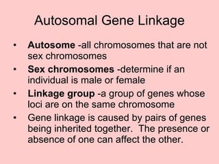 Autosomal Gene Linkage Autosome  -all chromosomes that are not sex chromosomes Sex chromosomes  -determine if an individual is male or female Linkage group  -a group of genes whose loci are on the same chromosome Gene linkage is caused by pairs of genes being inherited together.  The presence or absence of one can affect the other. 