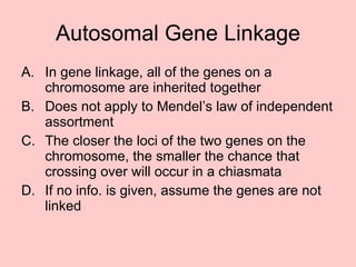 Autosomal Gene Linkage In gene linkage, all of the genes on a chromosome are inherited together Does not apply to Mendel’s law of independent assortment The closer the loci of the two genes on the chromosome, the smaller the chance that crossing over will occur in a chiasmata If no info. is given, assume the genes are not linked 