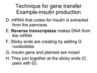 Technique for gene transfer Example-insulin production D. mRNA that codes for insulin is extracted from the pancreas E.  Reverse transcriptase  makes DNA from the mRNA F. Sticky ends are creating by adding G nucleotides G. Insulin gene and plamsid are mixed H. They join together at the sticky ends (C pairs with G) 