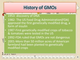 History of GMOs1953- discovery of DNA1982- The US Food Drug Administration(FDA) approved the first genetically modified drug, a form of insulin1987-First genetically modified crops of tobacco & tomatoes were tested in the US1992-FDA ruled that GMOs are not dangerous 2001-More than 50 million acres of American farmland had been planted to genetically modified crops 