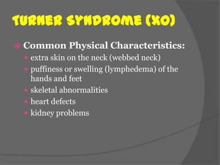 Turner Syndrome (XO)
   Common Physical Characteristics:
     extra skin on the neck (webbed neck)
     puffiness or swelling (lymphedema) of the
      hands and feet
     skeletal abnormalities
     heart defects
     kidney problems
 