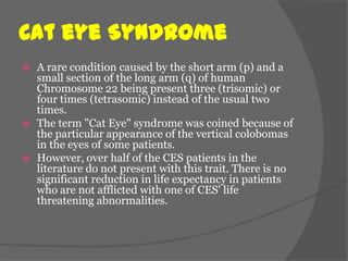 Cat eye Syndrome
   A rare condition caused by the short arm (p) and a
    small section of the long arm (q) of human
    Chromosome 22 being present three (trisomic) or
    four times (tetrasomic) instead of the usual two
    times.
   The term "Cat Eye" syndrome was coined because of
    the particular appearance of the vertical colobomas
    in the eyes of some patients.
   However, over half of the CES patients in the
    literature do not present with this trait. There is no
    significant reduction in life expectancy in patients
    who are not afflicted with one of CES' life
    threatening abnormalities.
 