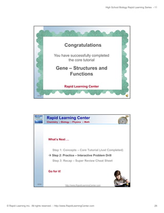 High School Biology Rapid Learning Series - 11

Congratulations
You have successfully completed
the core tutorial

Gene – Structures and
Functions
Rapid Learning Center
51/52

Rapid Learning Center
Chemistry :: Biology :: Physics :: Math

What’s N t
Wh t’ Next …
Step 1: Concepts – Core Tutorial (Just Completed)
Step 2: Practice – Interactive Problem Drill
Step 3: Recap – Super Review Cheat Sheet
Go for it!

52/52

http://www.RapidLearningCenter.com

© Rapid Learning Inc. All rights reserved. :: http://www.RapidLearningCenter.com

26

 