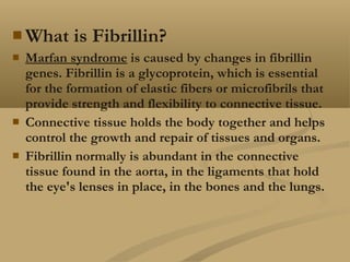  What is Fibrillin?
 Marfan syndrome is caused by changes in fibrillin
genes. Fibrillin is a glycoprotein, which is essential
for the formation of elastic fibers or microfibrils that
provide strength and flexibility to connective tissue.
 Connective tissue holds the body together and helps
control the growth and repair of tissues and organs.
 Fibrillin normally is abundant in the connective
tissue found in the aorta, in the ligaments that hold
the eye's lenses in place, in the bones and the lungs.
 
