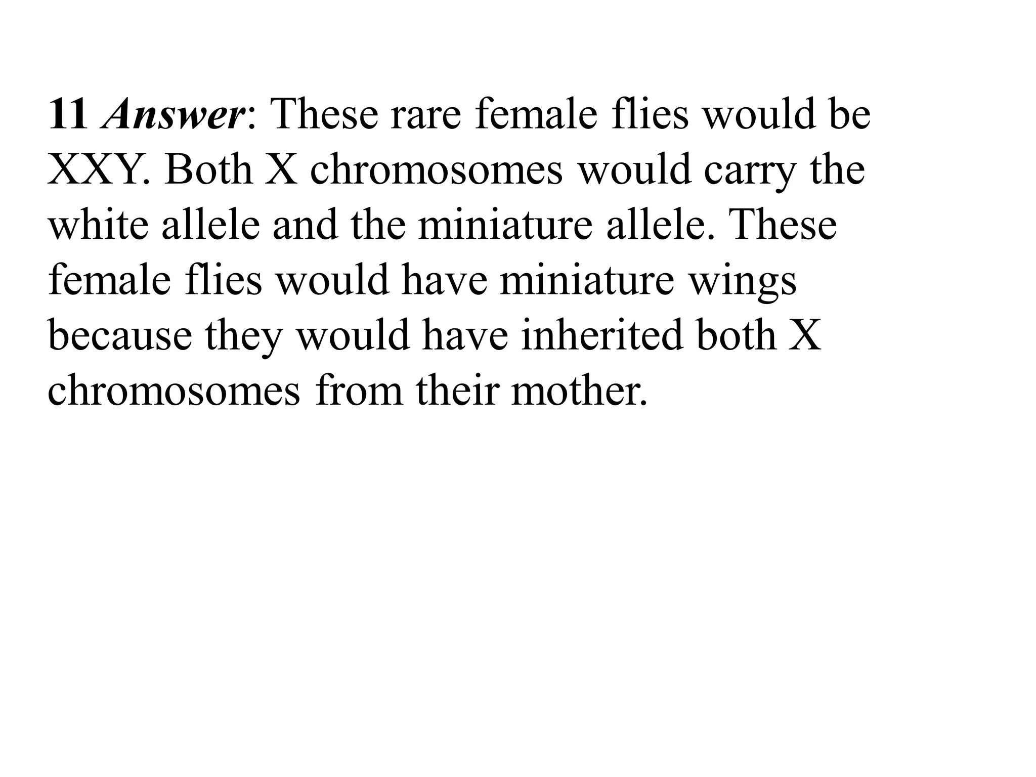 11 Answer: These rare female flies would be
XXY. Both X chromosomes would carry the
white allele and the miniature allele. These
female flies would have miniature wings
because they would have inherited both X
chromosomes from their mother.
 