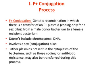 • F+ Conjugation- Genetic recombination in which
there is a transfer of an F+ plasmid (coding only for a
sex pilus) from a male donor bacterium to a female
recipient bacterium.
• Doesn’t include chromosomal DNA.
• Involves a sex (conjugation) pilus.
• Other plasmids present in the cytoplasm of the
bacterium, such as those coding for antibiotic
resistance, may also be transferred during this
process.
I. F+ Conjugation
Process
 