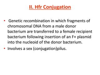II. Hfr Conjugation
• Genetic recombination in which fragments of
chromosomal DNA from a male donor
bacterium are transferred to a female recipient
bacterium following insertion of an F+ plasmid
into the nucleoid of the donor bacterium.
• Involves a sex (conjugation)pilus.
 