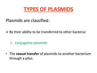 TYPES OF PLASMIDS
Plasmids are classified :
 By their ability to be transferred to other bacteria:
1 . Conjugative plasmids
• The sexual transfer of plasmids to another bacterium
through a pilus.
 