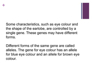 +
Some characteristics, such as eye colour and
the shape of the earlobe, are controlled by a
single gene. These genes may have different
forms.
Different forms of the same gene are called
alleles. The gene for eye colour has an allele
for blue eye colour and an allele for brown eye
colour.
 