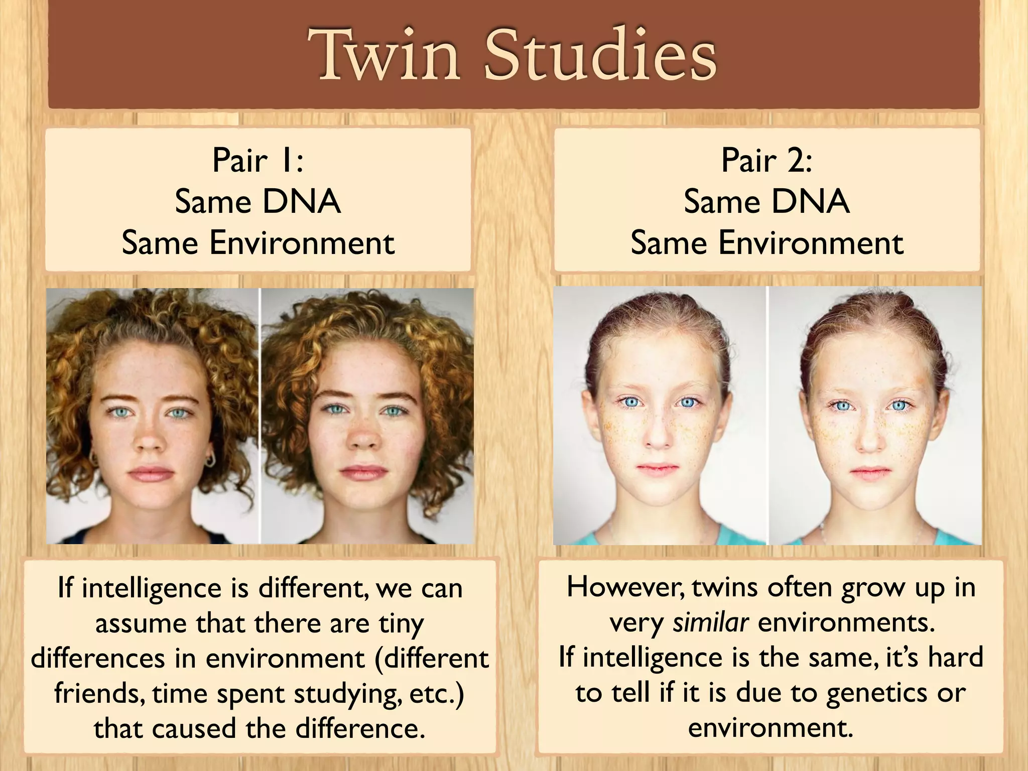 Twin Studies
Pair 1:
Same DNA
Same Environment
However, twins often grow up in
very similar environments.
If intelligence is the same, it’s hard
to tell if it is due to genetics or
environment.
Pair 2:
Same DNA
Same Environment
If intelligence is different, we can
assume that there are tiny
differences in environment (different
friends, time spent studying, etc.)
that caused the difference.
 