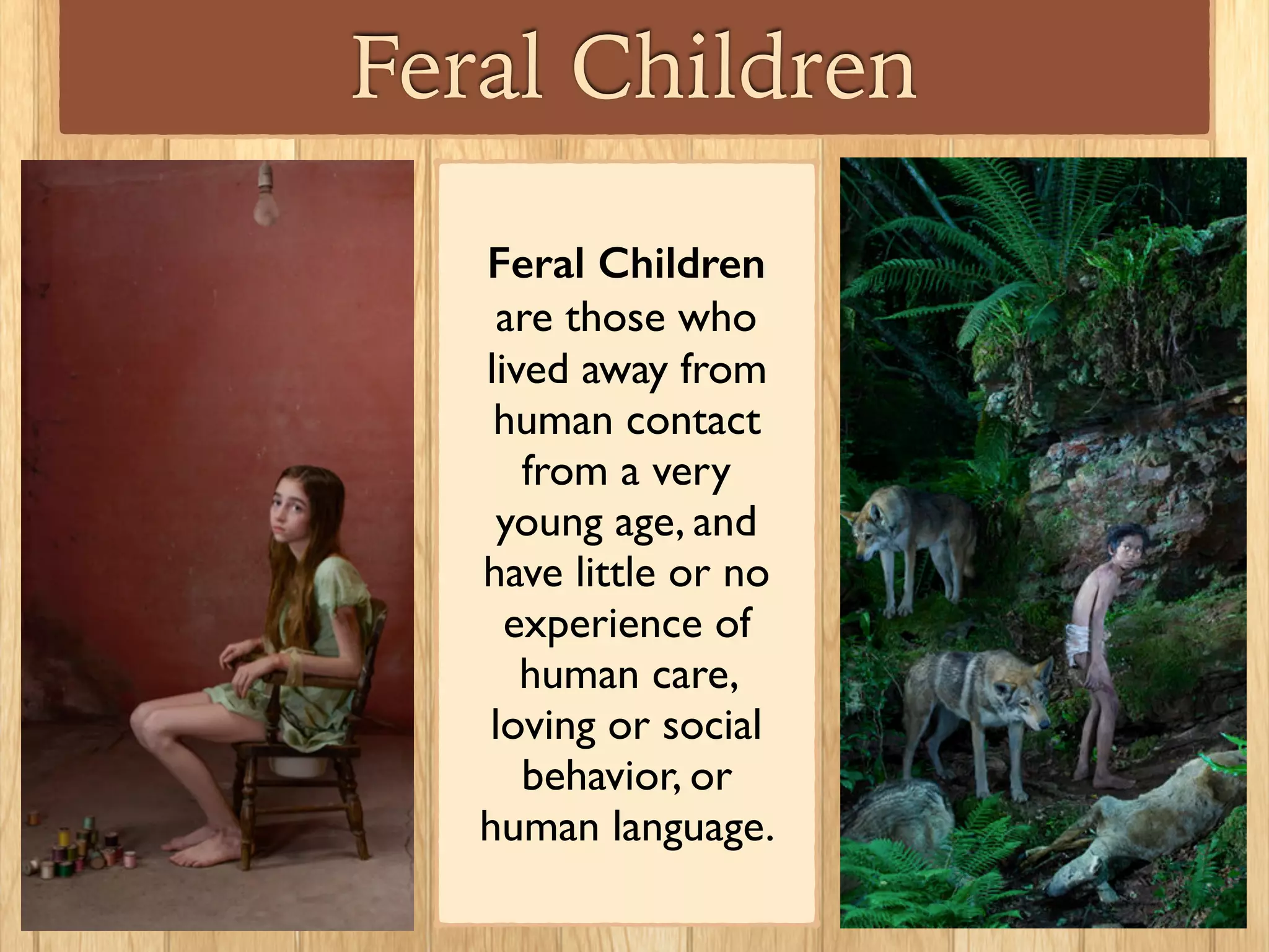 Feral Children
Feral Children
are those who
lived away from
human contact
from a very
young age, and
have little or no
experience of
human care,
loving or social
behavior, or
human language.
 