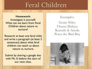 Feral Children
Homework:
Investigate it yourself:
What can we learn from Feral
Children about nature vs.
nurture?
Research at least one feral child,
and write a paragraph (at least 5
sentences) about what feral
children can teach us about
nature vs. nurture.
Submit by sharing a google doc
with Ms. G before the start of
our next class.
Examples:
Genie Wiley
Oxana Malaya
Kamala & Amala
Prava the Bird Boy
…
 
