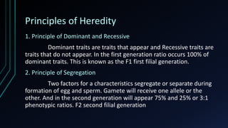 Principles of Heredity
1. Principle of Dominant and Recessive
Dominant traits are traits that appear and Recessive traits are
traits that do not appear. In the first generation ratio occurs 100% of
dominant traits. This is known as the F1 first filial generation.
2. Principle of Segregation
Two factors for a characteristics segregate or separate during
formation of egg and sperm. Gamete will receive one allele or the
other. And in the second generation will appear 75% and 25% or 3:1
phenotypic ratios. F2 second filial generation
 