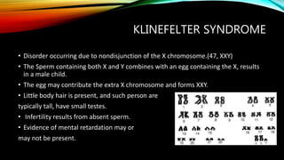 KLINEFELTER SYNDROME
• Disorder occurring due to nondisjunction of the X chromosome.(47, XXY)
• The Sperm containing both X and Y combines with an egg containing the X, results
in a male child.
• The egg may contribute the extra X chromosome and forms XXY.
• Little body hair is present, and such person are
typically tall, have small testes.
• Infertility results from absent sperm.
• Evidence of mental retardation may or
may not be present.
 