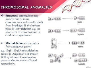 CHROMOSOMAL ANOMALIES
 Structural anomalies: may
involve one or more
chromosomes and usually result
from breakage. If the broken
piece is lost=deletion e.g. on
short arm of chromosome 5
cri-du-chat syndrome
 Microdeletions span only a
few contiguous genes
e.g. 15q11-15q13 microdeletion
results in Angelman’s or Prader-
Willi syndrome if maternal or
paternal chromosome affected
respectively.
 