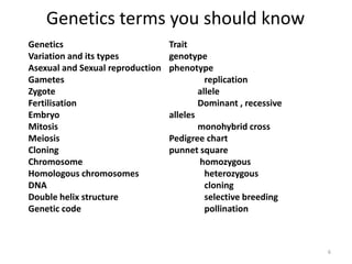 Genetics terms you should know6Genetics				TraitVariation and its types		genotypeAsexual and Sexual reproduction	phenotypeGametes				replicationZygote				             alleleFertilisation			             Dominant , recessiveEmbryo				allelesMitosis				             monohybrid crossMeiosis				Pedigree chartCloning				punnet squareChromosome			              homozygousHomologous chromosomes		heterozygousDNA					cloningDouble helix structure			selective breedingGenetic code				pollination