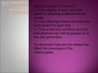 Basic Principles of Genetic’s:
1.) The passing of each trait from
parent to offspring is determined by
genes.
2.) That offspring inherits one trait from
each parent for each trait.
3.) That a trait may not show up in an
individual but can still be passed on to
the next generation.

Co-dominant traits are two alleles that
affect the phenotype of the
heterozygote.
 