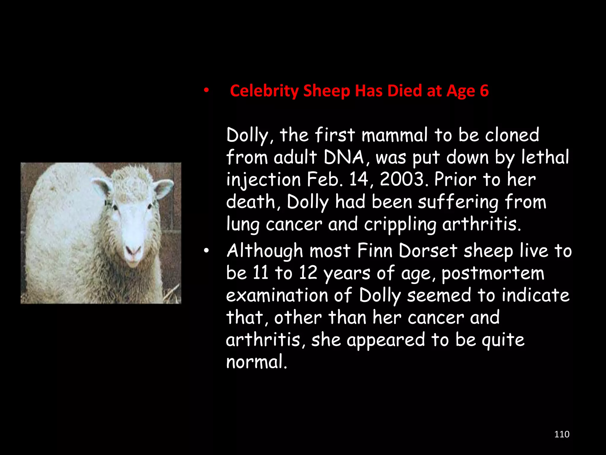 •

Celebrity Sheep Has Died at Age 6

Dolly, the first mammal to be cloned
from adult DNA, was put down by lethal
injection Feb. 14, 2003. Prior to her
death, Dolly had been suffering from
lung cancer and crippling arthritis.
• Although most Finn Dorset sheep live to
be 11 to 12 years of age, postmortem
examination of Dolly seemed to indicate
that, other than her cancer and
arthritis, she appeared to be quite
normal.

110

 