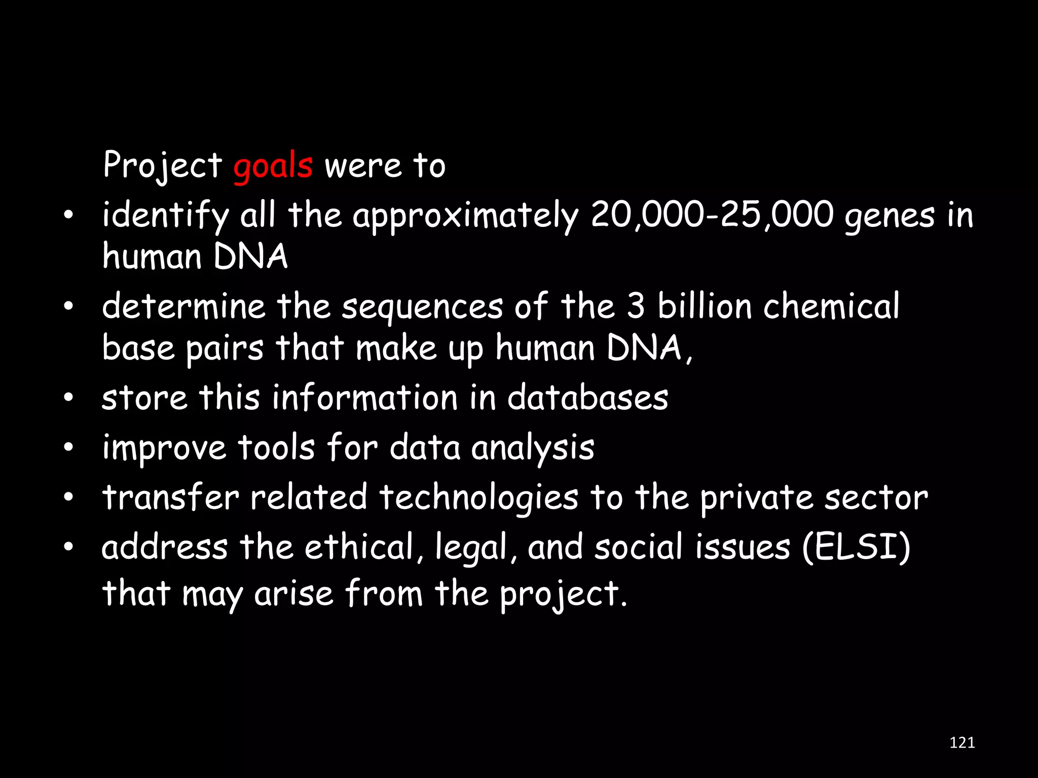 •
•
•
•
•
•

Project goals were to
identify all the approximately 20,000-25,000 genes in
human DNA
determine the sequences of the 3 billion chemical
base pairs that make up human DNA,
store this information in databases
improve tools for data analysis
transfer related technologies to the private sector
address the ethical, legal, and social issues (ELSI)
that may arise from the project.

121

 