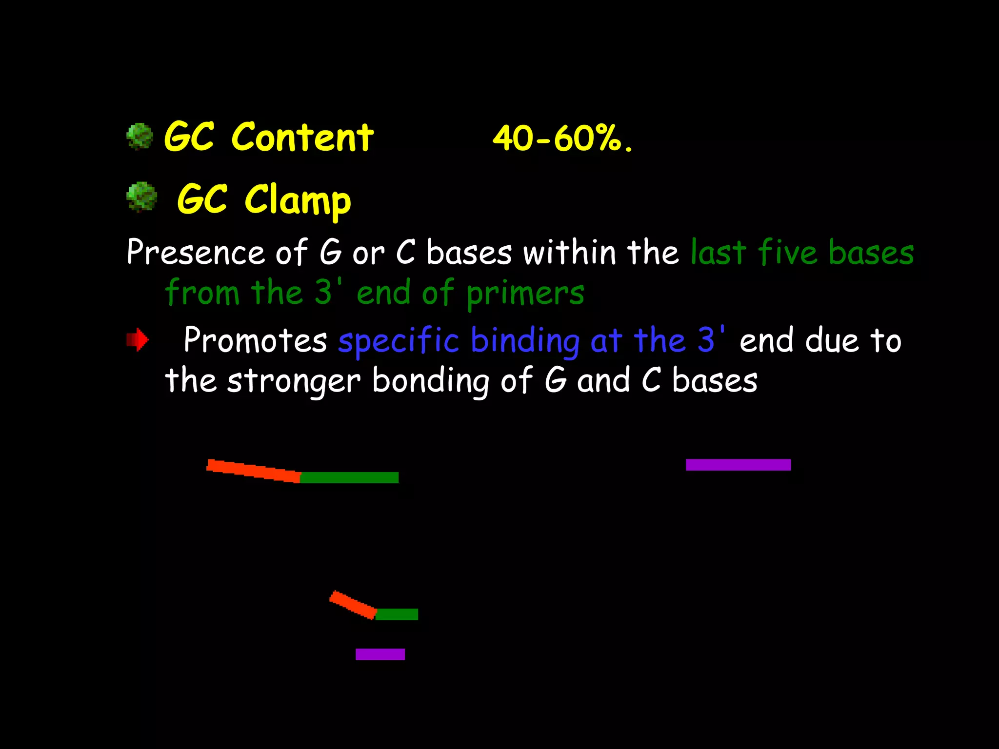 GC Content

40-60%.

GC Clamp
Presence of G or C bases within the last five bases
from the 3' end of primers
Promotes specific binding at the 3' end due to
the stronger bonding of G and C bases

 