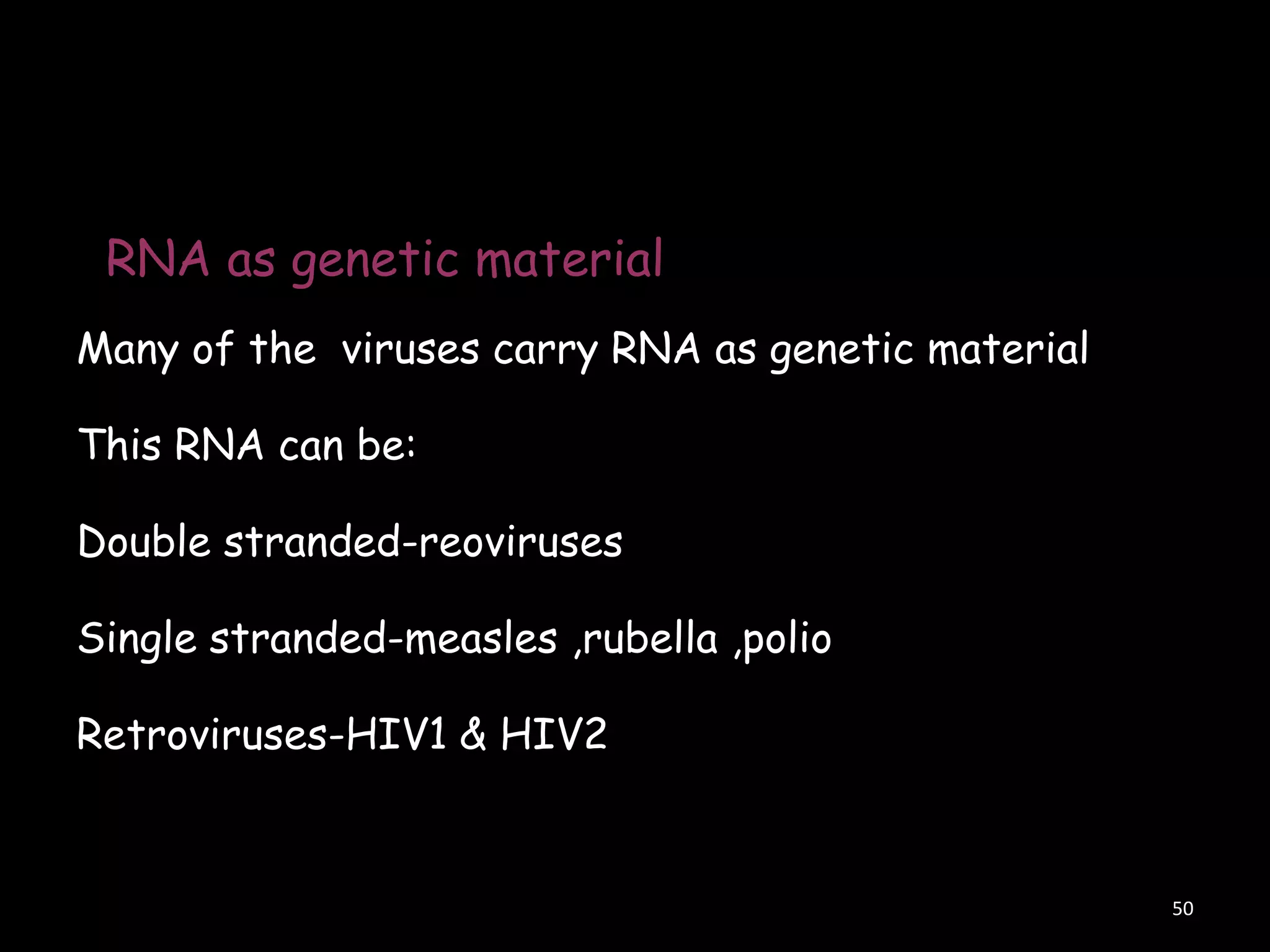 RNA as genetic material
Many of the viruses carry RNA as genetic material
This RNA can be:
Double stranded-reoviruses
Single stranded-measles ,rubella ,polio
Retroviruses-HIV1 & HIV2

50

 