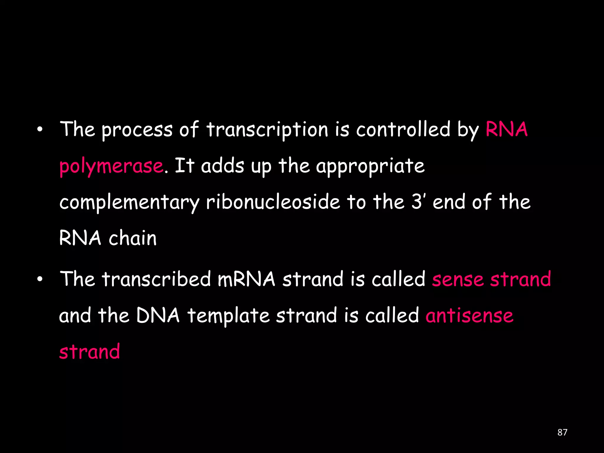 • The process of transcription is controlled by RNA

polymerase. It adds up the appropriate
complementary ribonucleoside to the 3‟ end of the
RNA chain
• The transcribed mRNA strand is called sense strand
and the DNA template strand is called antisense
strand

87

 