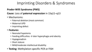 Imprinting Disorders & Syndromes
Prader-Willi Syndrome (PWS)
Cause: Loss of paternal expression in 15q11–q13
• Mechanisms:
• Paternal deletion (most common)
• Maternal UPD
• Imprinting defect
• Features:
• Neonatal hypotonia
• Feeding difficulties → later hyperphagia and obesity
• Hypogonadism
• Short stature
• Mild/moderate intellectual disability
• Testing: Methylation-specific PCR or FISH
 