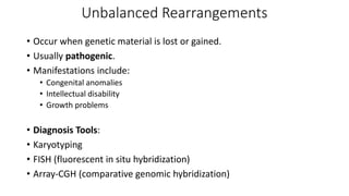 Unbalanced Rearrangements
• Occur when genetic material is lost or gained.
• Usually pathogenic.
• Manifestations include:
• Congenital anomalies
• Intellectual disability
• Growth problems
• Diagnosis Tools:
• Karyotyping
• FISH (fluorescent in situ hybridization)
• Array-CGH (comparative genomic hybridization)
 